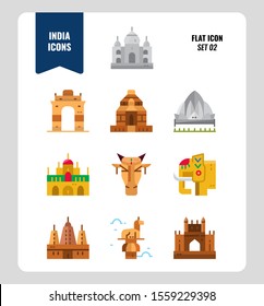 India icon set 2. Include India landmark, building, animal and more. Flat icons Design. vector illustration