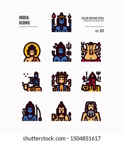 India icon set 3. Include India Spiritual, Hindu, Buddhism and more. Filled Outline icons Design. vector illustration
