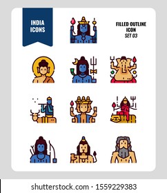 India icon set 3. Include India Spiritual, Hindu, Buddhism and more. Filled Outline icons Design. vector illustration
