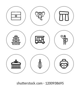 India icon set. collection of 9 outline india icons with brandenburg gate, buddha, dulcimer, ganesha, holi, india, temple, stonehenge icons. editable icons.