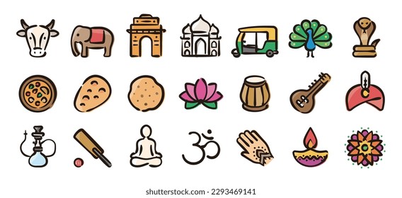 India icon set (Hand draw color version)