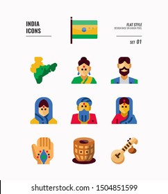 India icon set. Include India Flag, map, people, music instruments and more. Flat icons Design. vector illustration