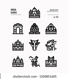 India icon set. Include India landmark, building, animal and more. Outline icons Design. vector illustration