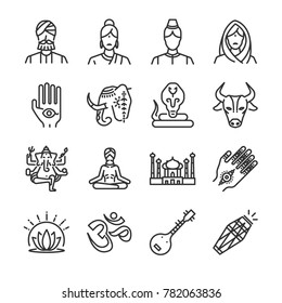 India icon set. Included the icons as Indian, Hindi, Ganesha, henna, cobra, cow and more.