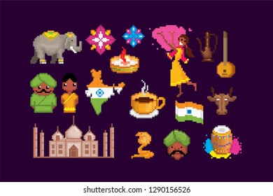 India icon set. Pixel art. Old school computer graphic. Element design stickers, logo, mobile app, menu. 8 bit video game. Game assets 8-bit sprite. 16-bit.