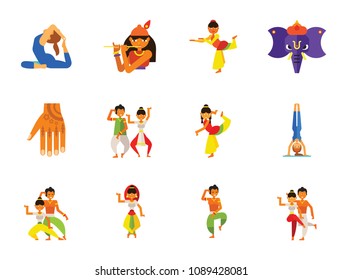 India Icon Set. Taj Mahal Dancing Indian Man Dancing Indian Woman Dance Dancers Indian Woman Couple Dancing Handstand Indian Elephant Hand With Mehendi Krishna God Yoga Exercise