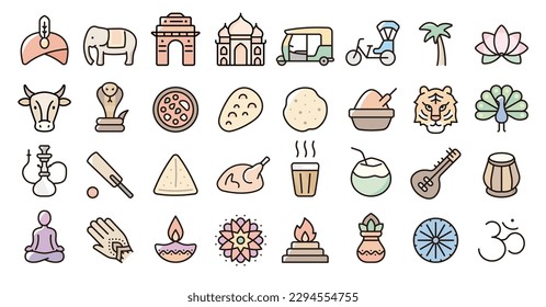 India icon set(Thin line color version)