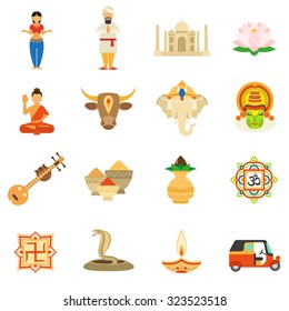 India icons flat set with cow taj mahal building tea and spices isolated vector illustration