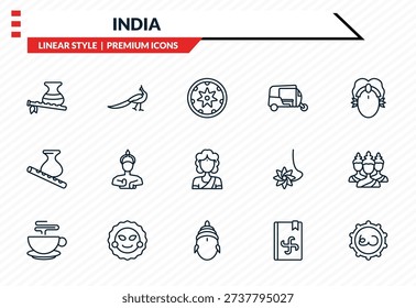 india icons set - bhagavan, peacock, krishna janmashtami, sarai, telugu language outline vector collection.