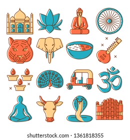 India icons set in colored line style