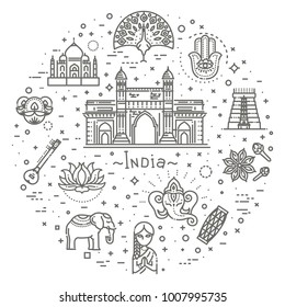 India icons set. Indian attractions, line design. Tourism in India, isolated vector illustration. Traditional symbols.