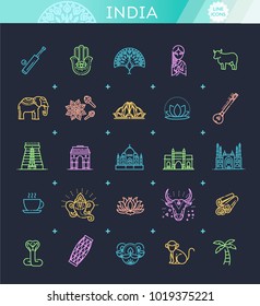 India icons set. Indian attractions, line design. Tourism in India, isolated vector illustration. Traditional symbols.