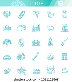 India icons set. Indian attractions, line design. Tourism in India, isolated vector illustration. Traditional symbols.