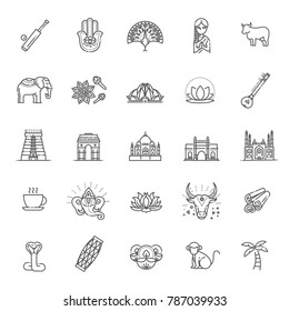 India icons set. Indian attractions, line design. Tourism in India, isolated vector illustration. Traditional symbols.