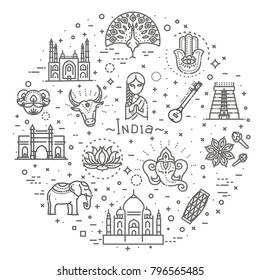 India icons set. Indian attractions, line design. Tourism in India, isolated vector illustration. Traditional symbols.