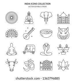 India icons set in line style. Traditional symbols including Buddha, Taj Mahal, lotus flower, elephant, om sign. Vector illustration with editable stroke.