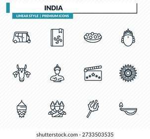 India iconos conjunto - rickshaw, vedas, kanji vadas, rangoli, lámpara de aceite contorno de colección de Vector.