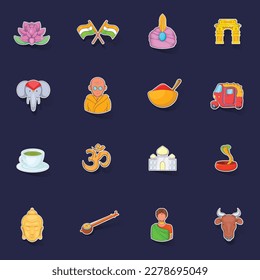 India icons set stikers collection vector with shadow on purple background