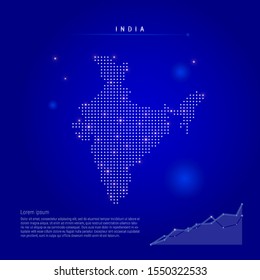 India illuminated map with glowing dots. Dark blue space background. Vector illustration. Growing chart, lorem ipsum text.