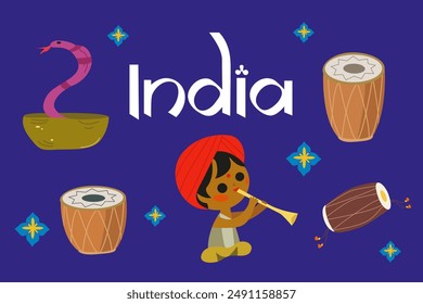 Ilustración de India. Los íconos tradicionales de la India. Niño hindú vestido con ropa tradicional tocando un instrumento musical. Instrumento de percusión en la música clásica india, cobra e inscripción