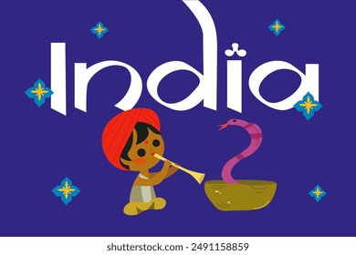 India illustration. India's traditional icons. Little Hindu boy in traditional clothes playing a musical instrument. Percussion instrument in Indian classical music, cobra and inscription