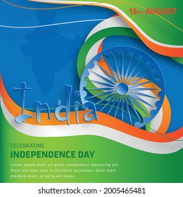 India independence Day, 15 of August text in saffron and green paper cut and craft characters  with india elements and blue Ashok Wheel on color background