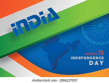India independence Day, 15 of August text in saffron and green paper cut and craft characters  with india elements and blue Ashok Wheel on color background