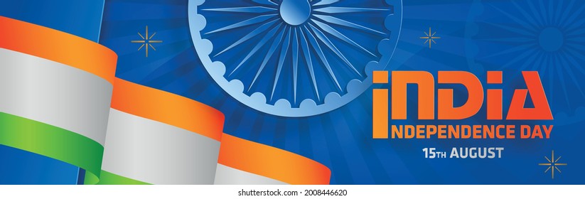 India independence Day, 15 of August text in saffron and green paper cut and craft characters  with india elements and blue Ashok Wheel on color background