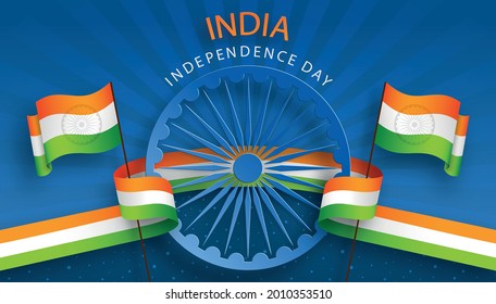 Día de la Independencia de la India, 15 de agosto texto en azafrán y papel verde cortado y artesanía de personajes con elementos de la india y rueda azul Ashok sobre fondo de color