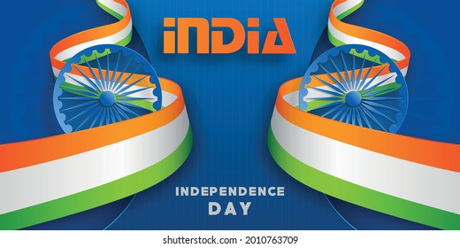 India independence Day, 15 of August text in saffron and green paper cut and craft characters  with india elements and blue Ashok Wheel on color background