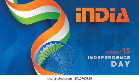 India independence Day, 15 of August text in saffron and green paper cut and craft characters  with india elements and blue Ashok Wheel on color background