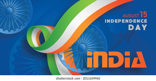 Día de la Independencia de la India, 15 de agosto texto en azafrán y papel verde cortado y artesanía de personajes con elementos de la india y rueda azul Ashok sobre fondo de color
