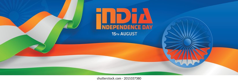 India independence Day, 15 of August text in saffron and green paper cut and craft characters  with india elements and blue Ashok Wheel on color background