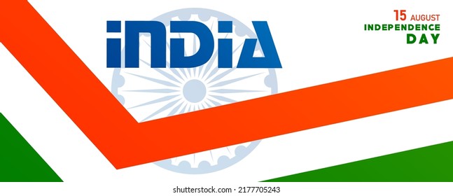 India independence Day, 15 of August text in saffron characters  with India elements and blue Ashok Wheel on color background