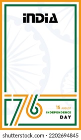 Día de la Independencia de la India, texto del 15 de agosto en caracteres azafrán con elementos de la india y rueda Ashok azul con fondo de color