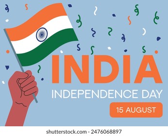 Día de la Independencia de India, 15 de agosto, bandera de India en mano. Tarjeta de felicitación, póster, Plantilla de Anuncio