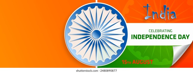 India independence Day, 15 of August text in saffron characters  with india elements and blue Ashok Wheel on color background