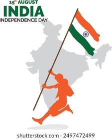 India Independence Day 15 August 1947, With India Map and India Flag, Man Holding Flag and Running, Isolated on White Background