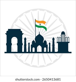 Dia da Independência da Índia 15 de agosto, prédios históricos com Ashoka Chakra ao fundo