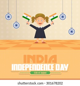India Independence Day 15 August Celebration Card, Background. Girl Hold India Flags