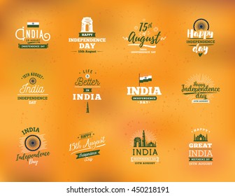 India Independence day, 15 august. Vector typographic emblems, logo or badges. Usable for Independence day of India greeting cards, print, t-shirts, posters and 15 august banners.