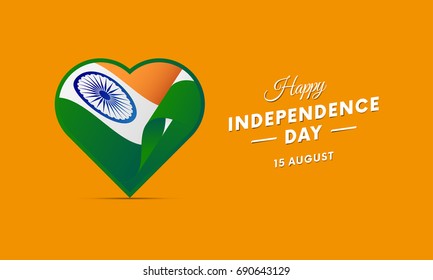India independence day. 15 august. Waving flag in heart. Vector illustration.