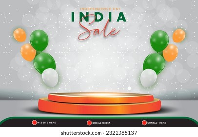india independence day 15th of august sale banner with 3d podium for sale with orange white and green background design
