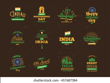 India Independence day, 15th august. Vector typographic emblems, logo or badges. Usable for greeting cards, print, t-shirts, posters and banners