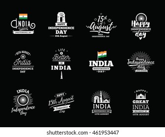 India Independence day, 15th august. Vector typographic emblems, logo or badges. Usable for greeting cards, print, t-shirts, posters and banners.