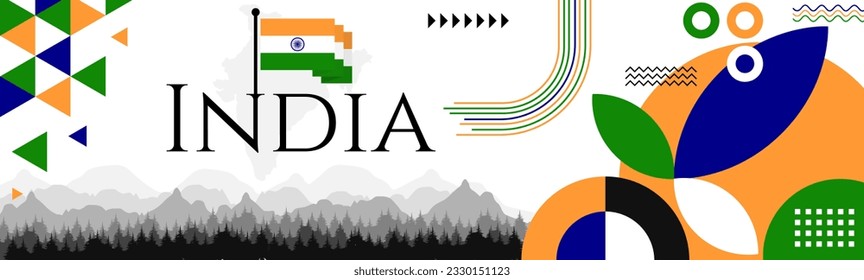 India Independence Day abstract banner design with flag and map. Flag color theme geometric pattern retro modern Illustration design. Orange, Blue and Green flag color template.