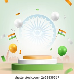 india independence day abstract square banner design with tricolor podium, flags, and balloons illustration, republic day india background