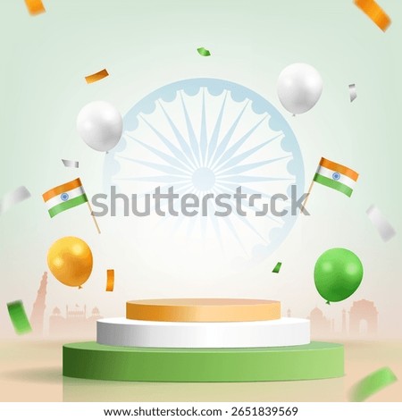 india independence day abstract square banner design with tricolor podium, flags, and balloons illustration, republic day india background