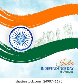 India Independence Day Artistic Tribute with People, Tricolor Flag and Symbolic Ashoka Chakra Commemorating Courage Peace Prosperity