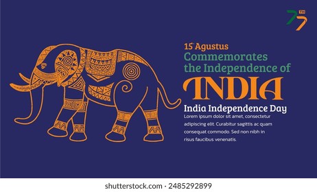 India Independence Day Banner. Hand-Drawn Indian elephant with Trendy Stamp. 15th Agustus Celebration